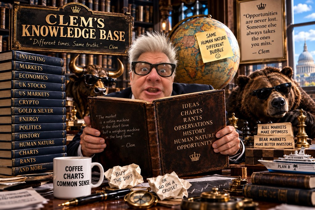 Clem Chambers in a library study with Clem's Knowledge Base — Different times. Same truths. Topics include investing, markets, crypto, gold and silver, UK stocks, and more.